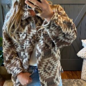 The Mill Creek Worn Flannel Shacket in Brown Aztec Tribal Print
